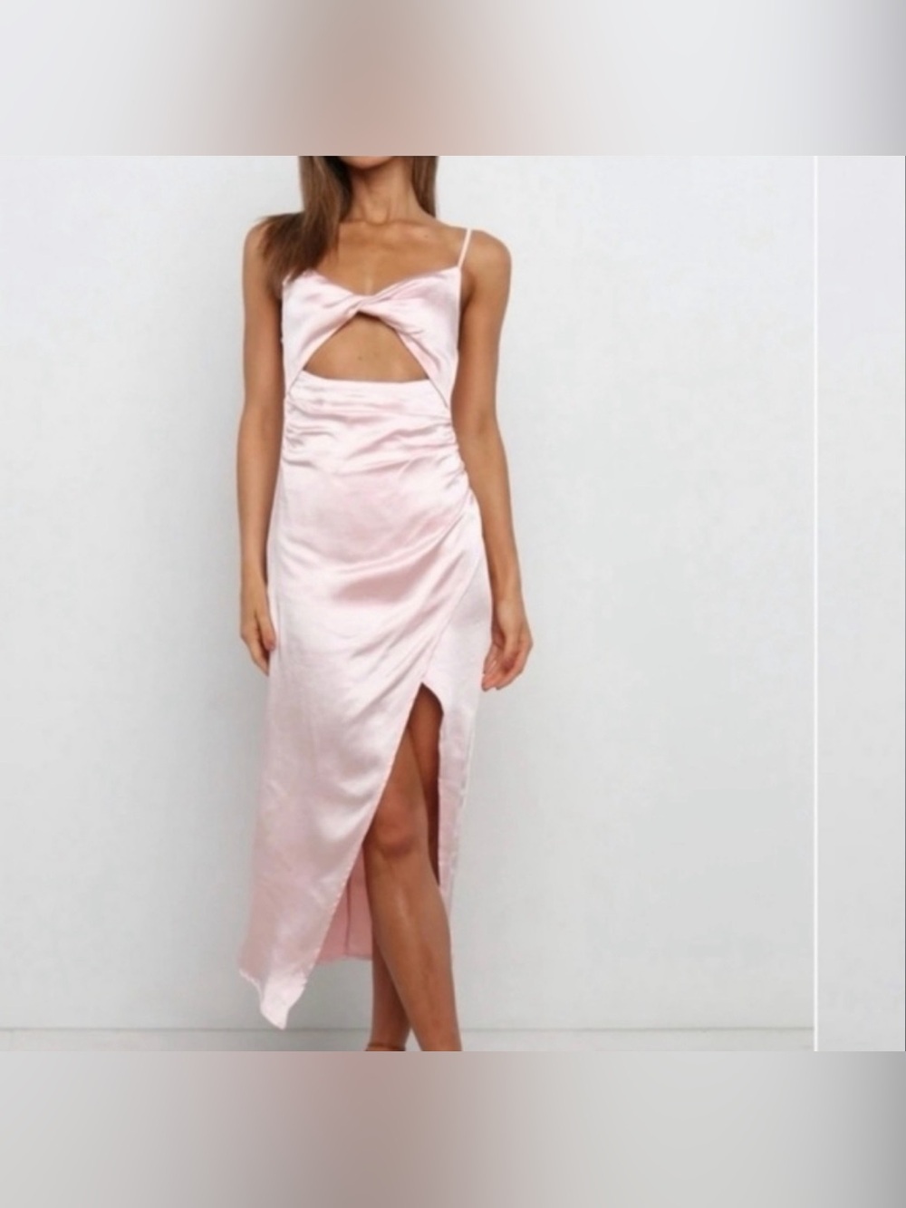 Satin Twist Front Cutout Midi Dress - Light Pink